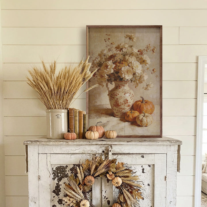 Soft Autumn Floral And Pumpkin Still Life
