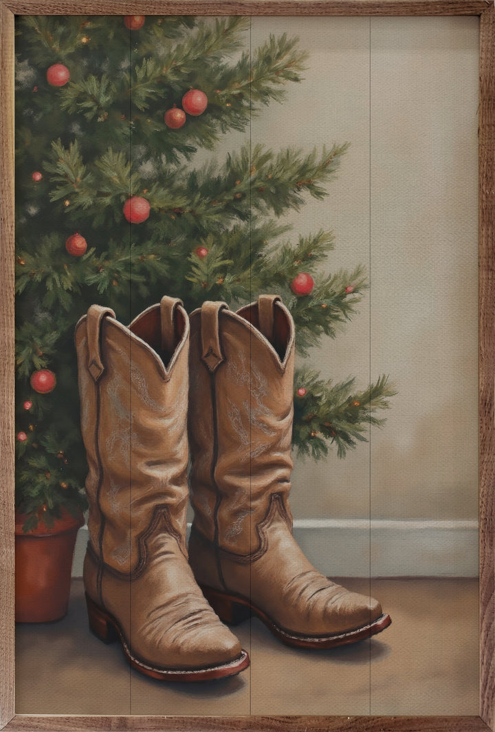 Cowboy Boots By Christmas Tree
