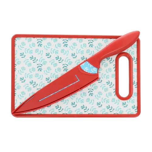 Gibson Home Village Vines 3 Piece Cutting Board and Knife Set in Red