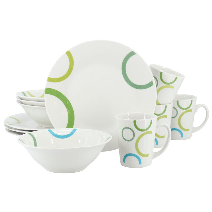 Gibson Home Green Loops 12 Piece Round Fine Ceramic Dinnerware Set in