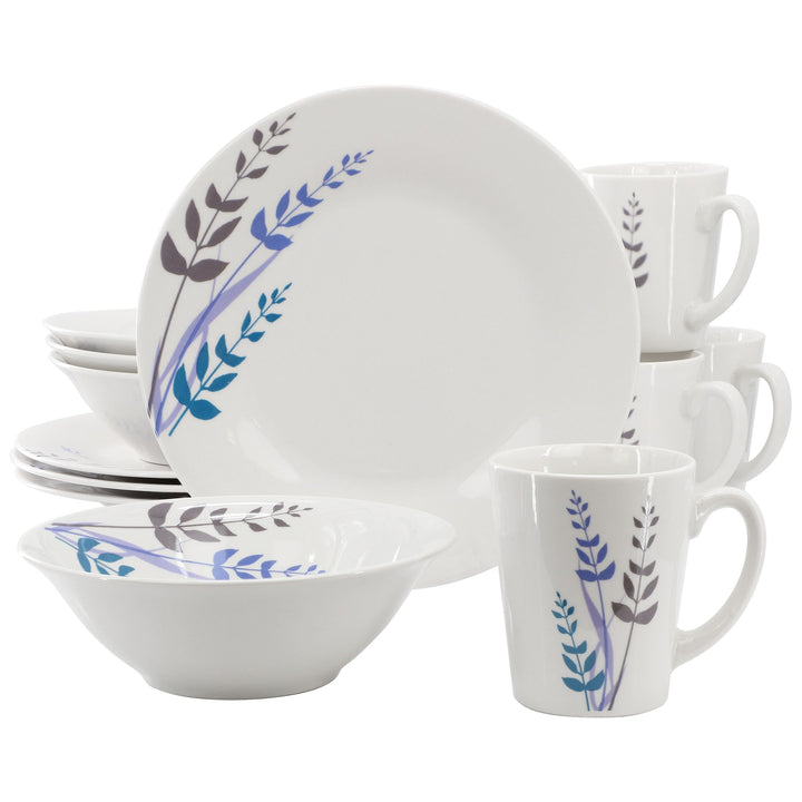 Gibson Home Blue Leaves 12 Piece Round Fine Ceramic Decorated