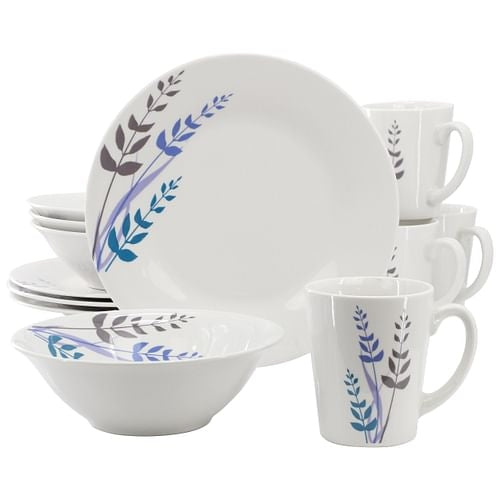 Gibson Home Blue Leaves 12 Piece Round Fine Ceramic Decorated