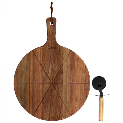 Gibson Elite 2 Piece Acacia Wood Serving Board and Pizza Cutter Set in