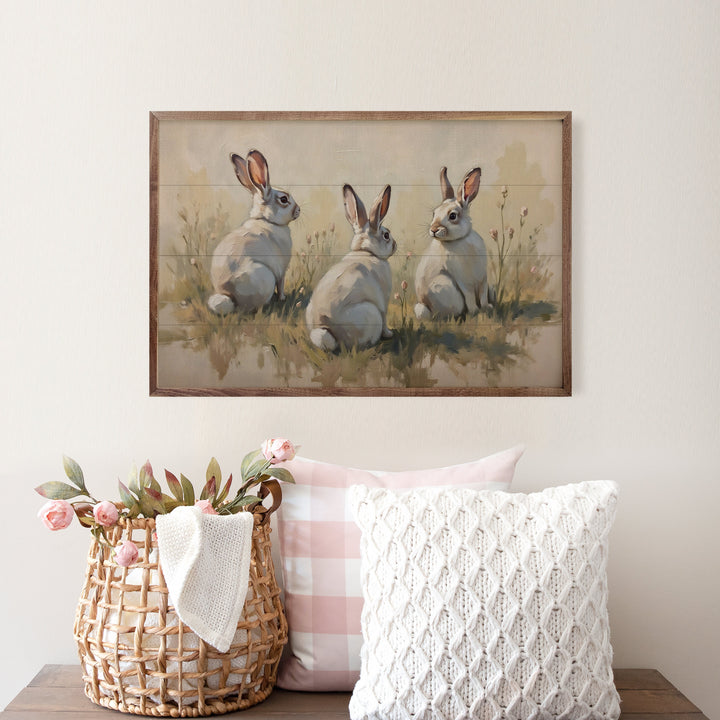 Three White Bunnies In Grass