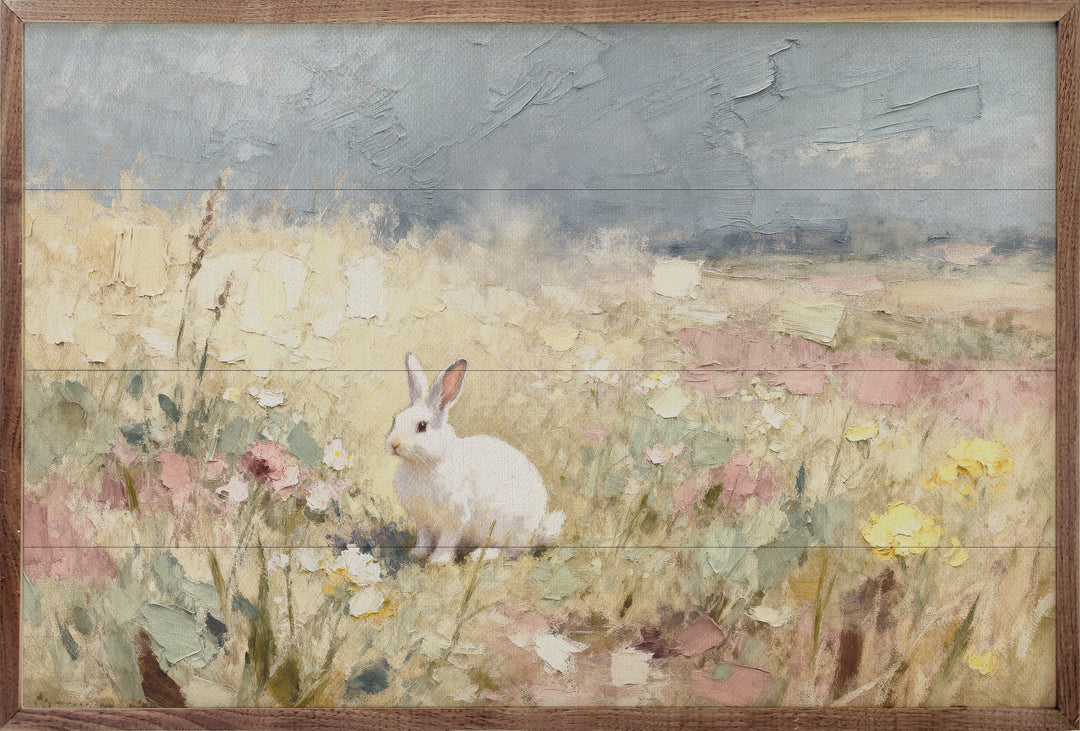 White Bunny In Flowers Looking Left