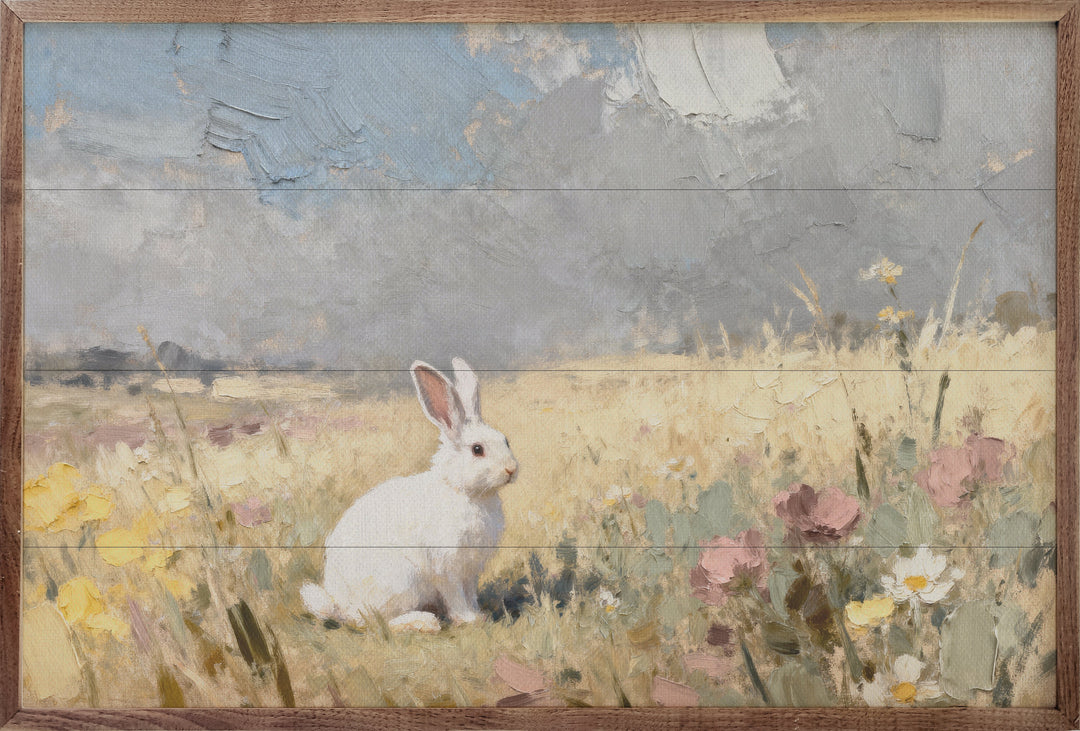 White Bunny In Flowers Looking Right