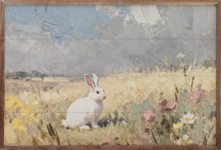 White Bunny In Flowers Looking Right