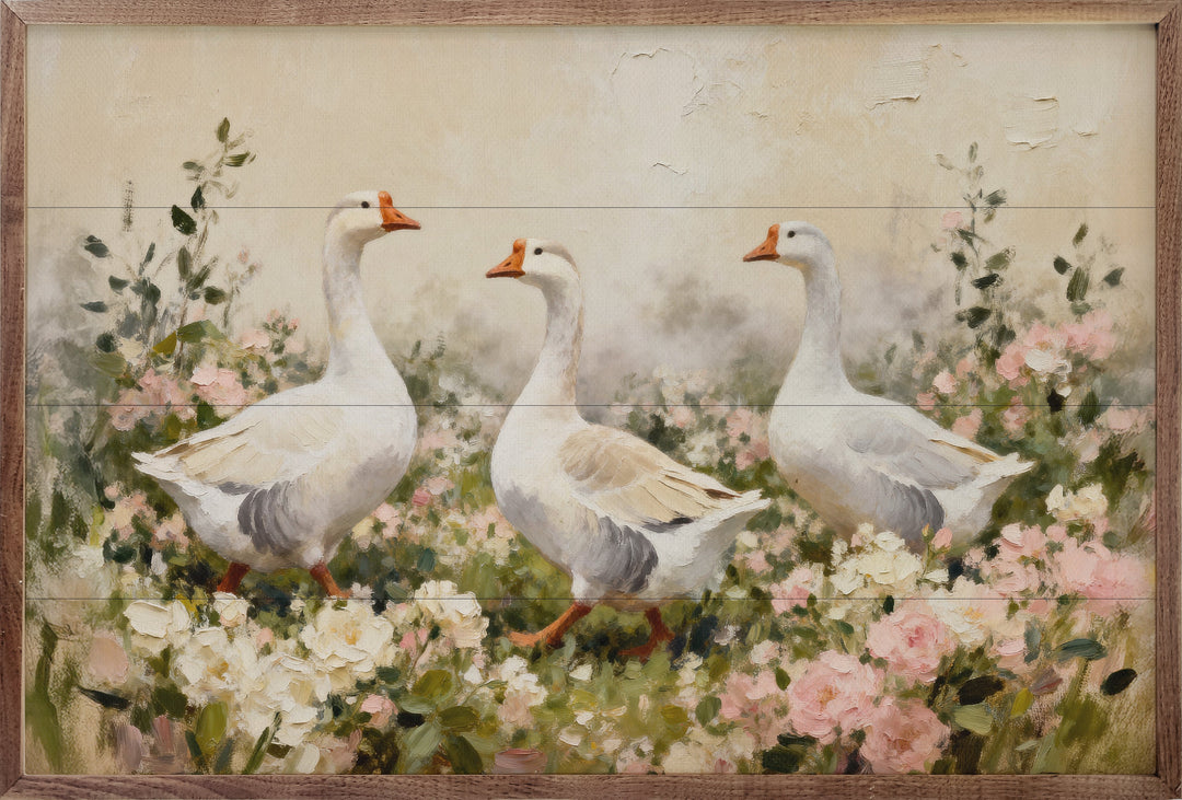 White Geese In Pink And White Flowers