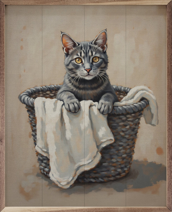 Gray Cat In Laundry Basket