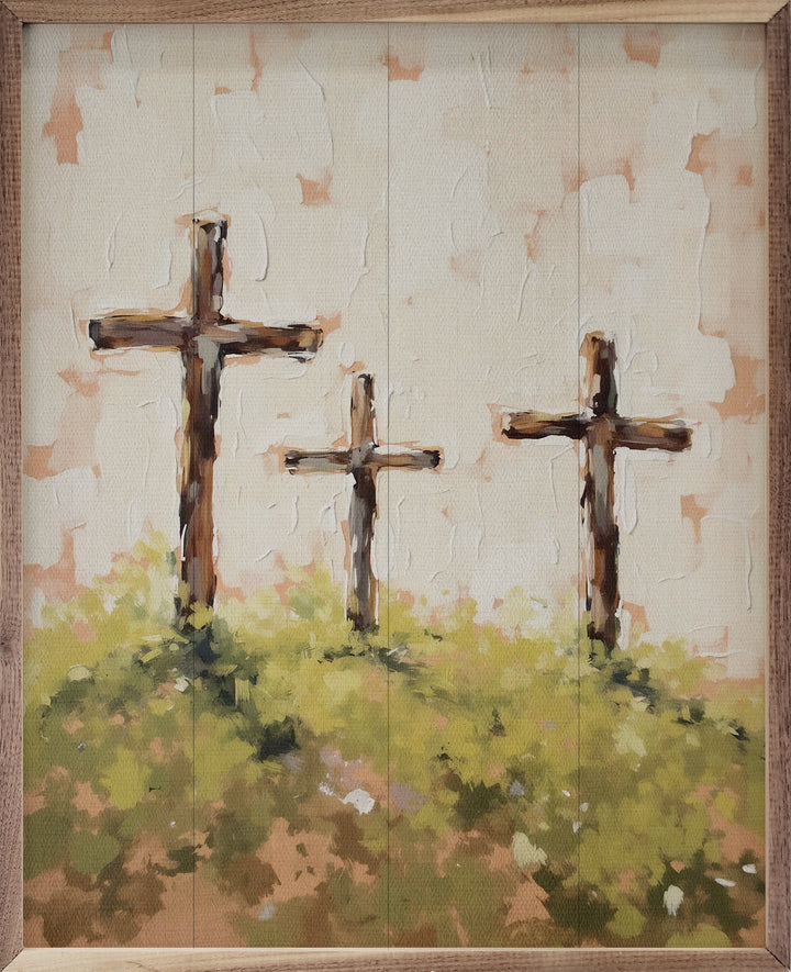 Three Crosses On Hill Grass