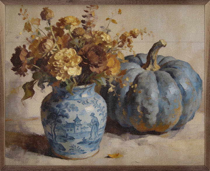 Blue Pumpkin And Floral Arrangement