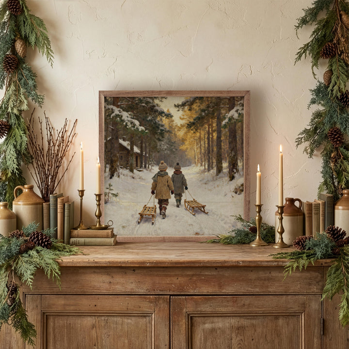 Two Kids Walking With Sled