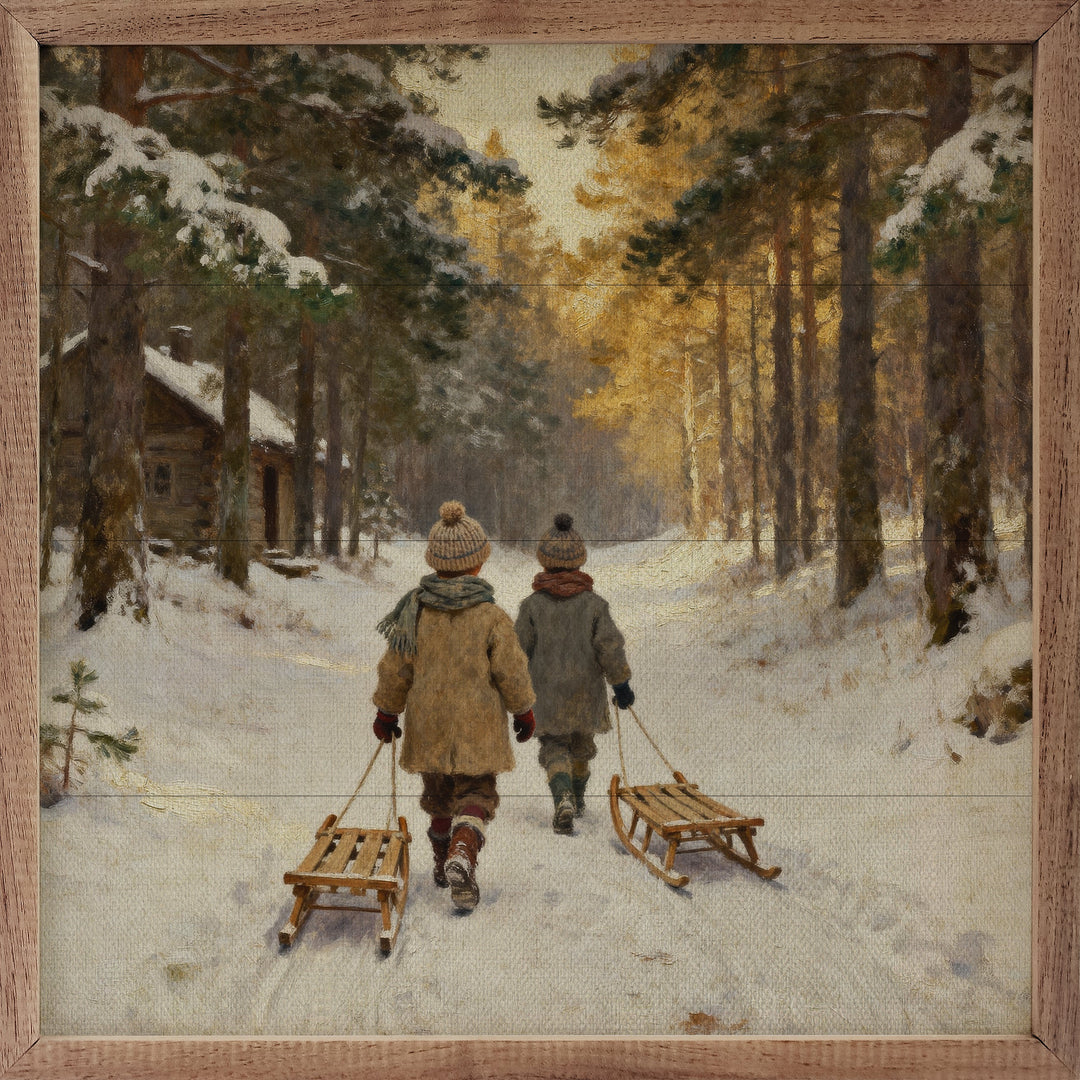 Two Kids Walking With Sled