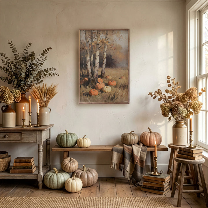 Birch Trees With Pumpkins Narrow Print