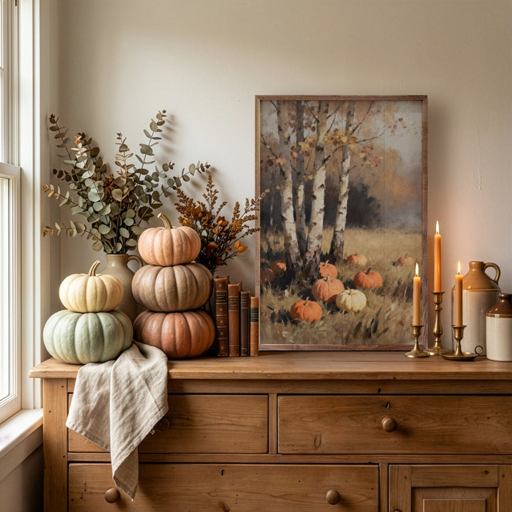 Birch Trees With Pumpkins Narrow Print