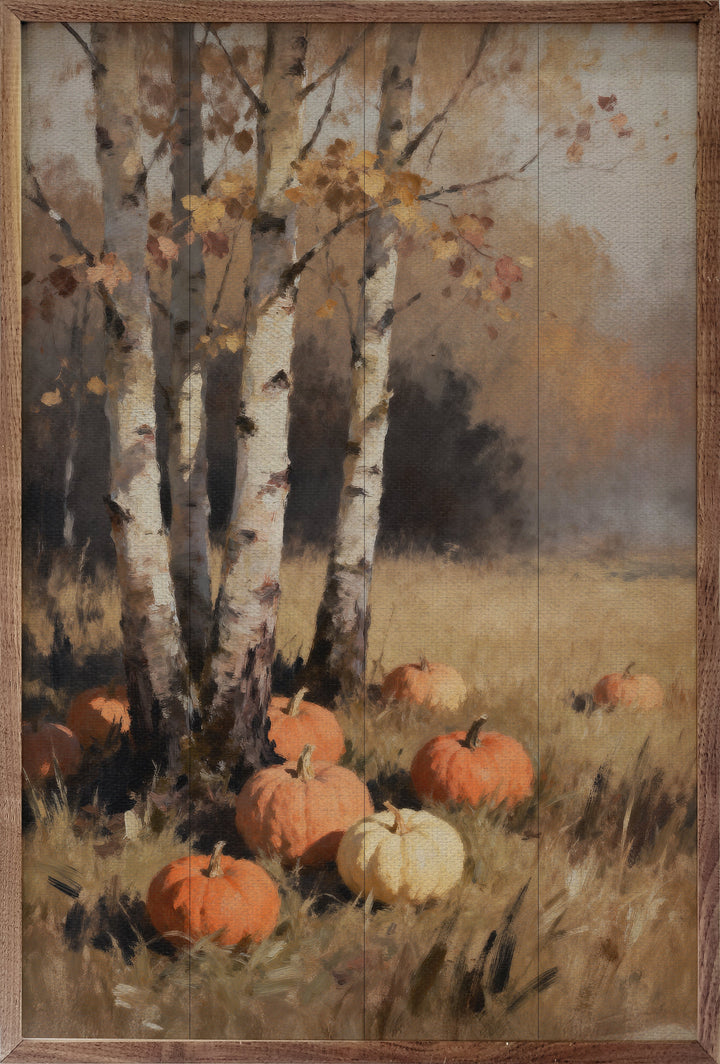 Birch Trees With Pumpkins Narrow Print