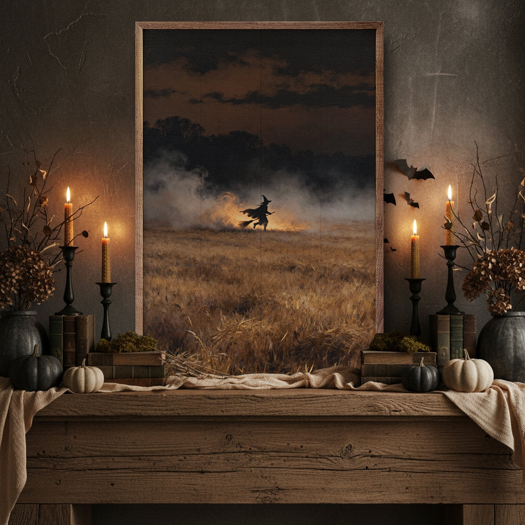 Witch On Broom In The Field