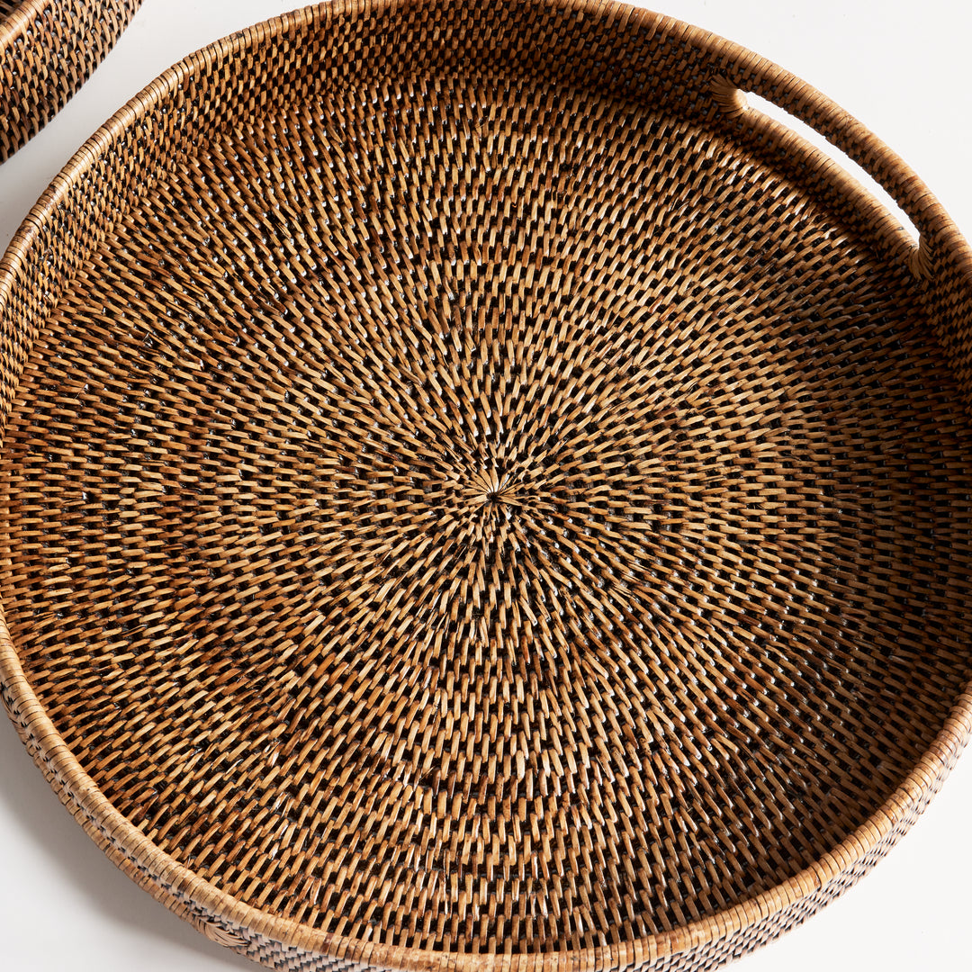 Burma Rattan Round Ottoman Trays Small, Set Of 2, Brown