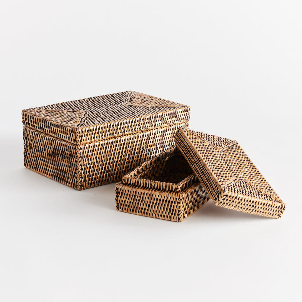 Burma Rattan Rectangular Lidded Boxes, Set Of 2, Brown