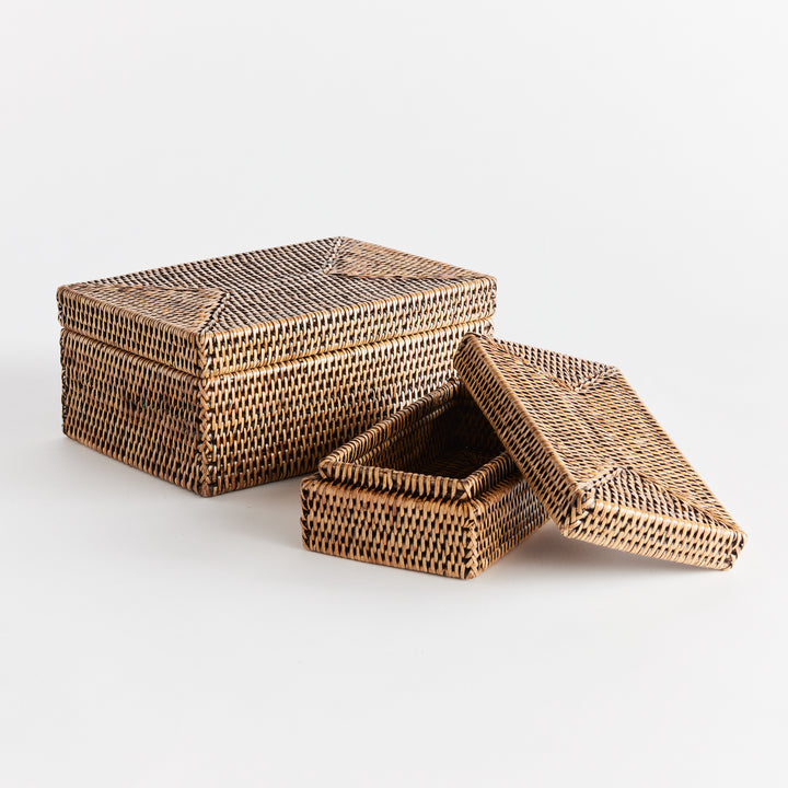 Burma Rattan Rectangular Lidded Boxes, Set Of 2, Brown