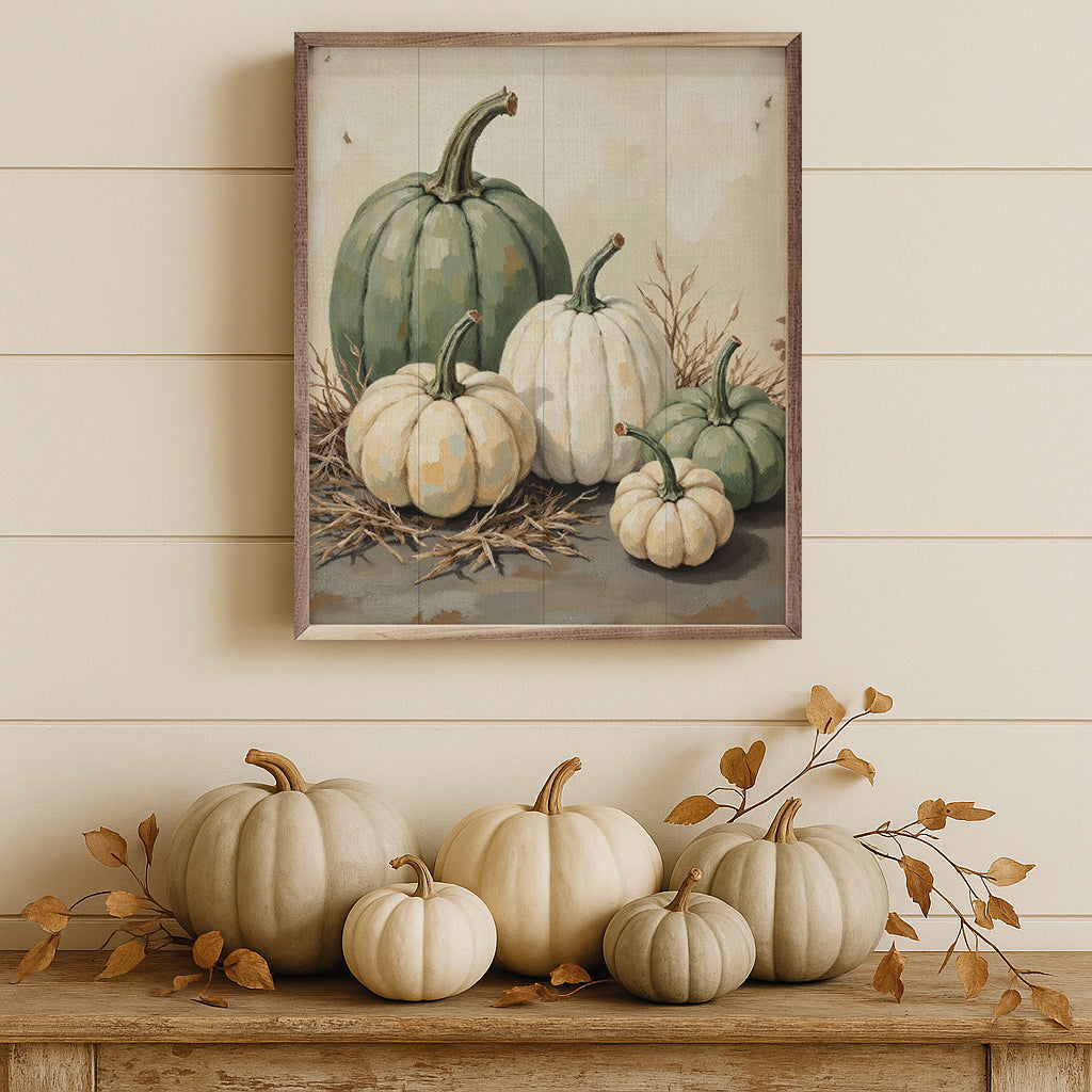 Green And White Pumpkins In Straw