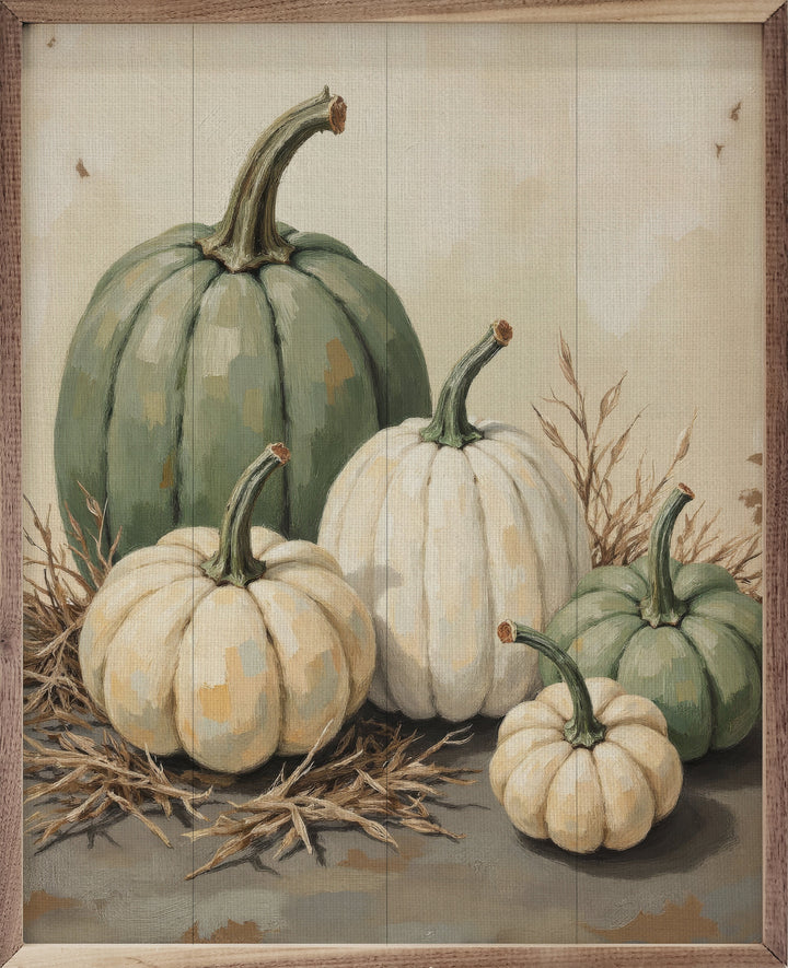Green And White Pumpkins In Straw