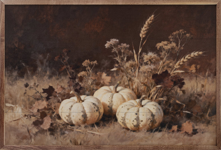 Three White Pumpkins In Grass