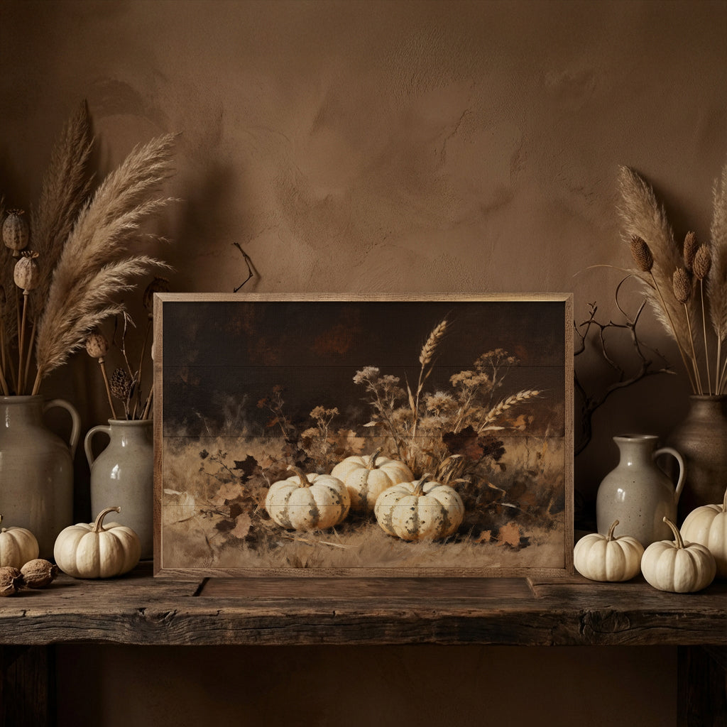 Three White Pumpkins In Grass