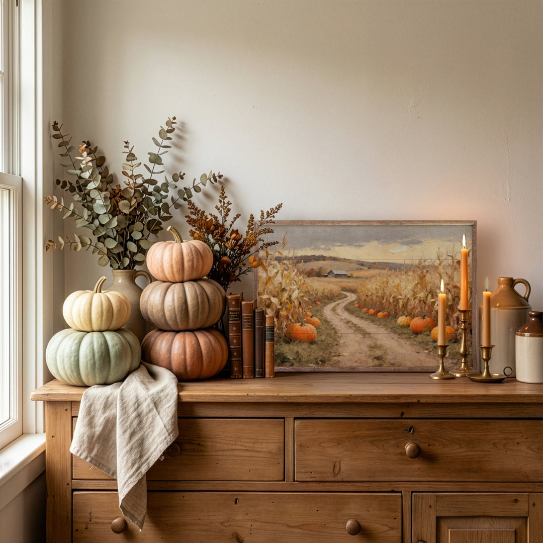 Corn Field Lane With Pumpkins