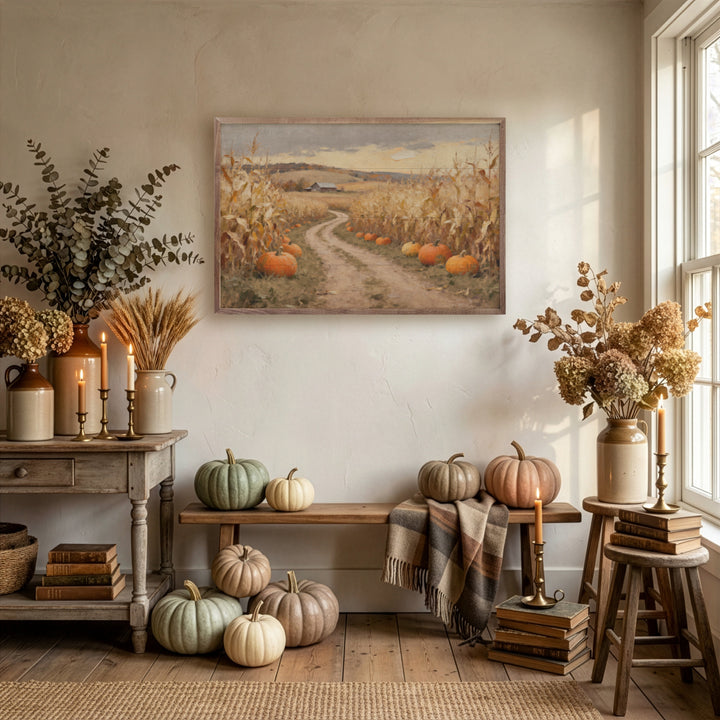 Corn Field Lane With Pumpkins