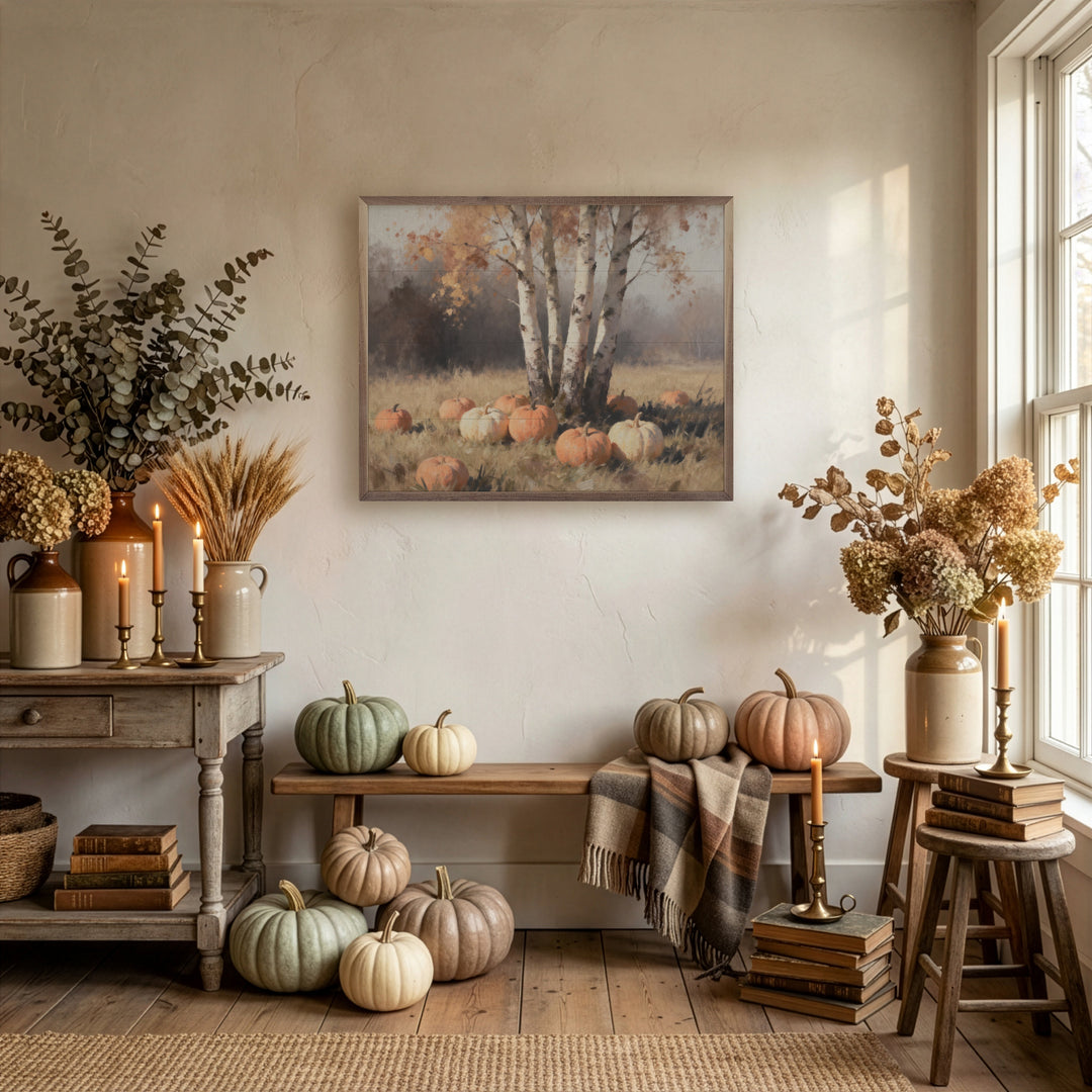 Four Birch Trees With Pumpkins