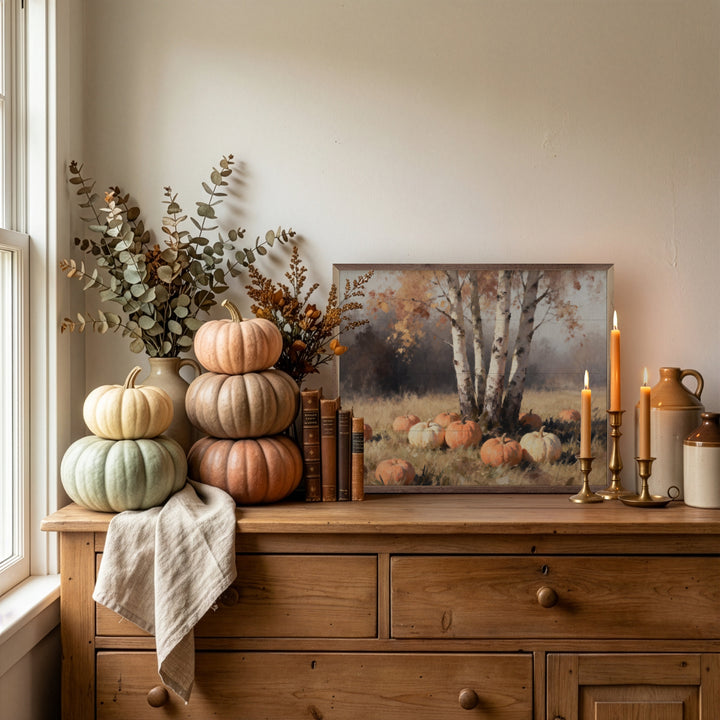 Four Birch Trees With Pumpkins