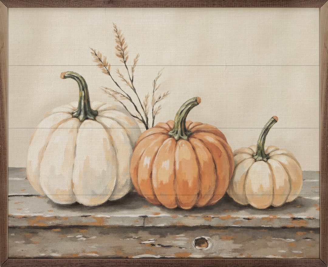 Pumpkins On A Rustic Shelf