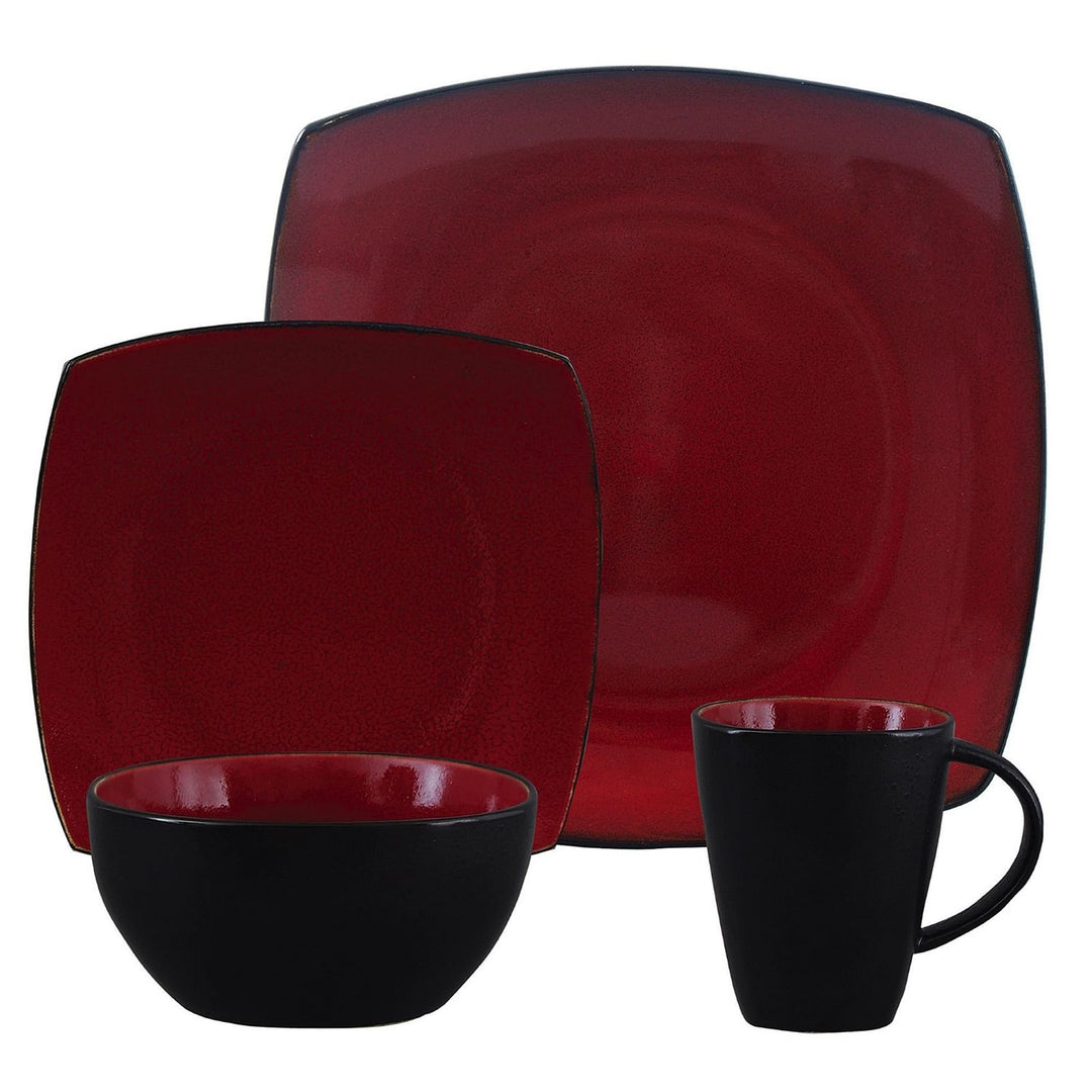 Gibson Soho Lounge 16 Piece Square Stoneware Dinnerware Set in Red and
