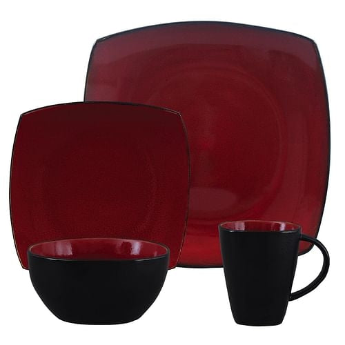 Gibson Soho Lounge 16 Piece Square Stoneware Dinnerware Set in Red and
