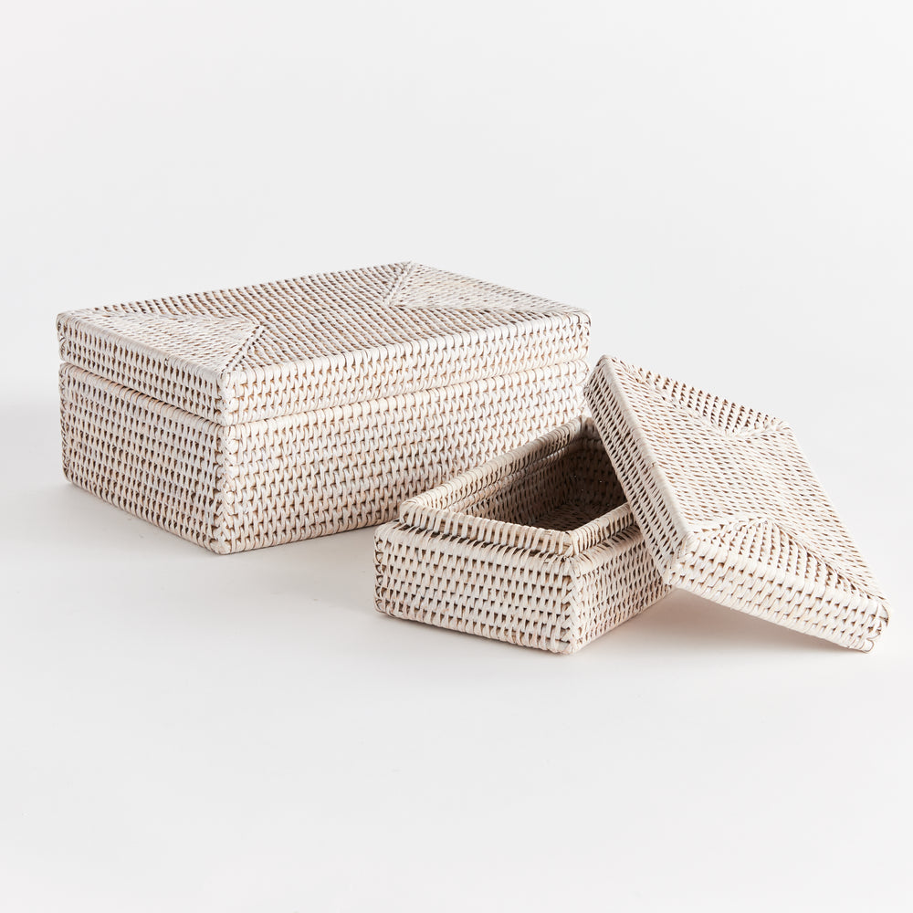 Burma Rattan Rectangular Lidded Boxes, Set Of 2, White