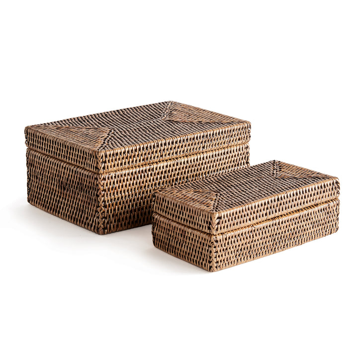 Burma Rattan Rectangular Lidded Boxes, Set Of 2, Brown