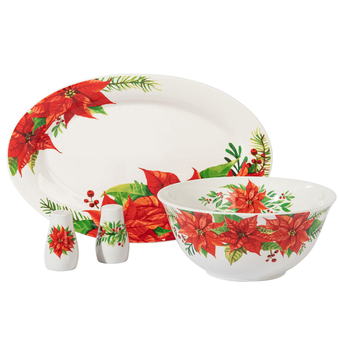 Gibson Home 4 Piece Ceramic Serving Set in White With Poinsettia