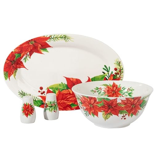 Gibson Home 4 Piece Ceramic Serving Set in White With Poinsettia
