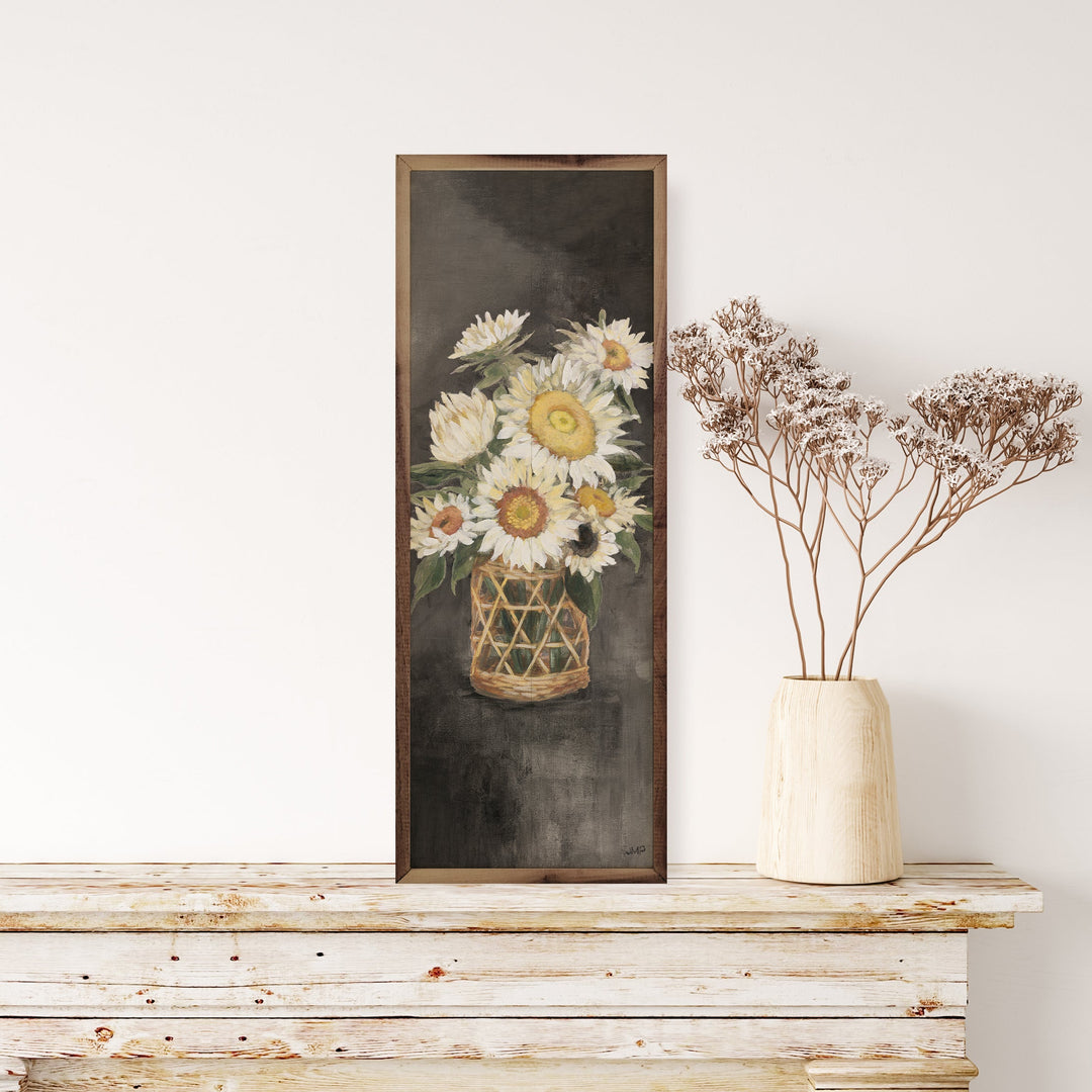 Sunflowers In Rattan Black Panel By Julia Purinton