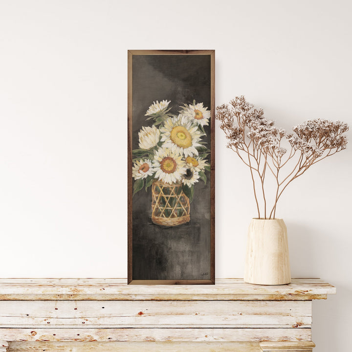Sunflowers In Rattan Black Panel By Julia Purinton