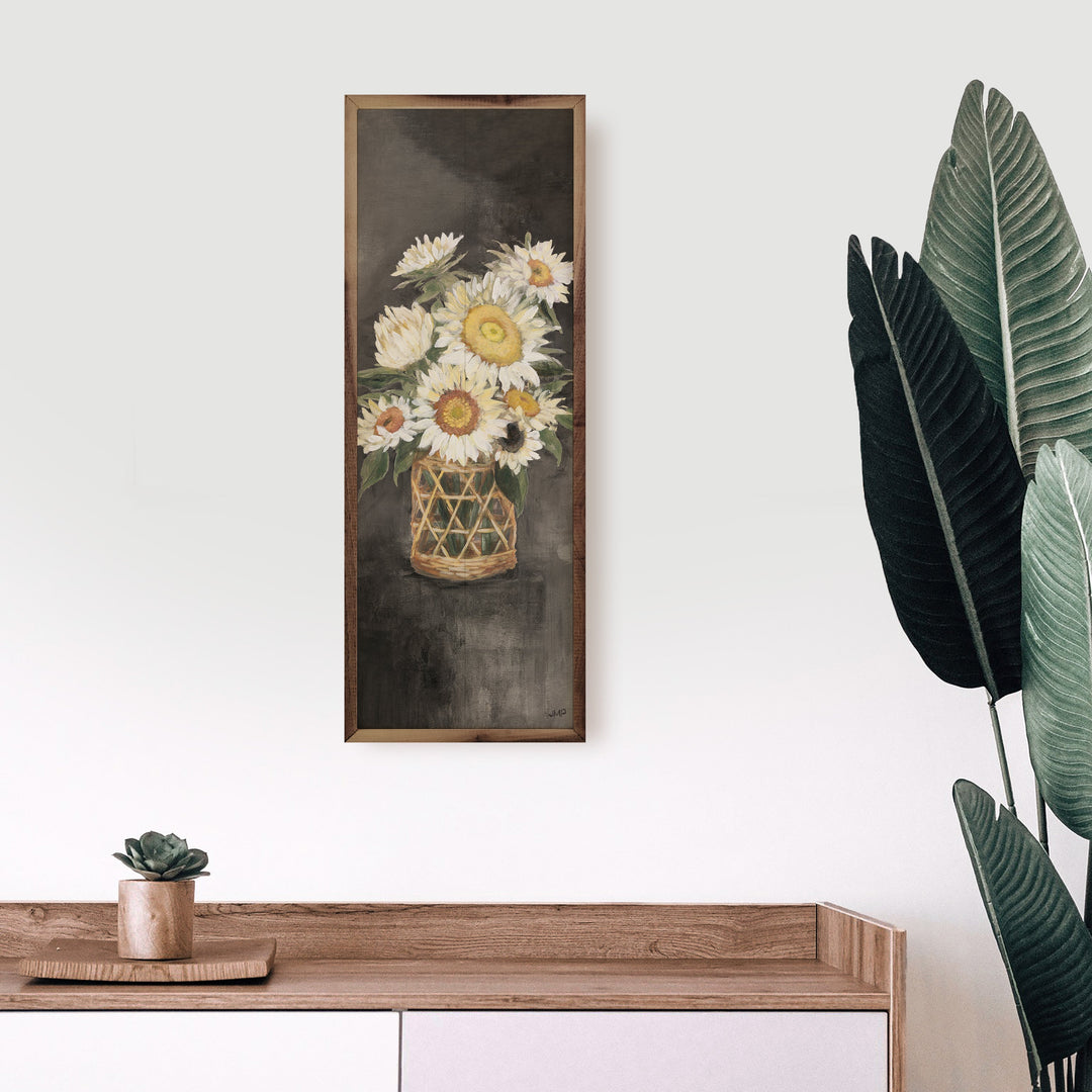 Sunflowers In Rattan Black Panel By Julia Purinton