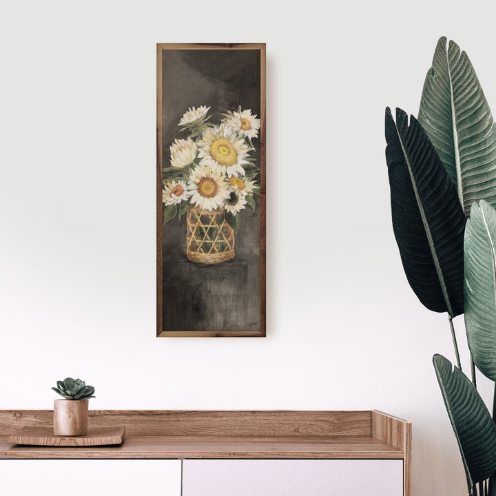 Sunflowers In Rattan Black Panel By Julia Purinton