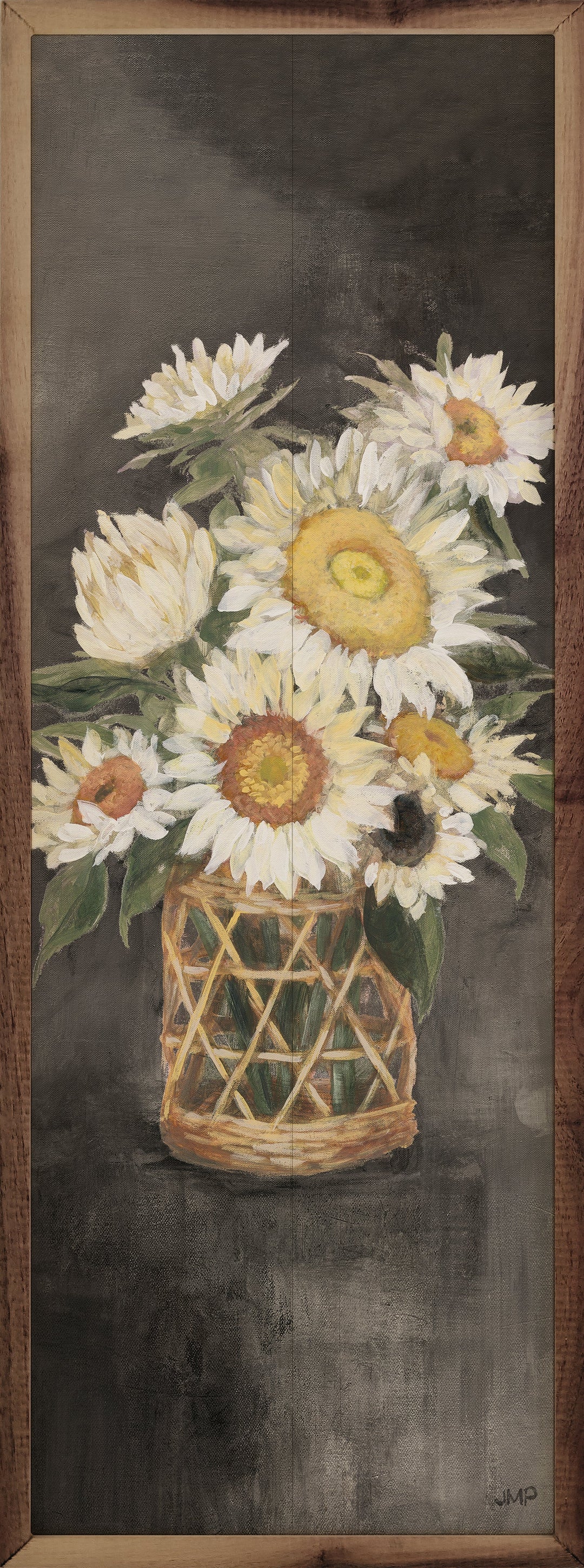Sunflowers In Rattan Black Panel By Julia Purinton