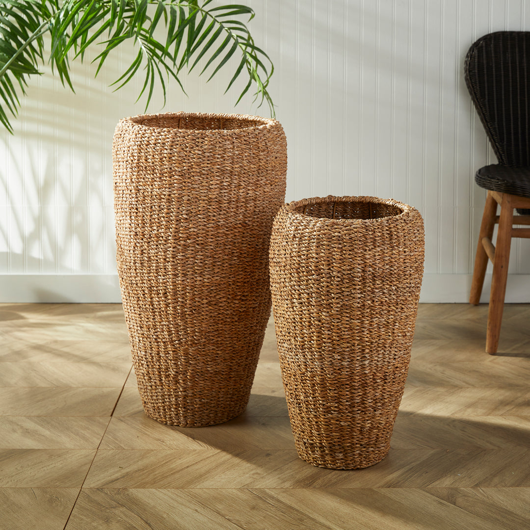 Seagrass Tall Round Planters, Set Of 2