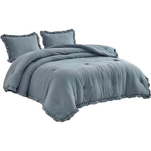 Full Size Blue Stone Washed Ruffled Edge Microfiber 3-Piece Comforter