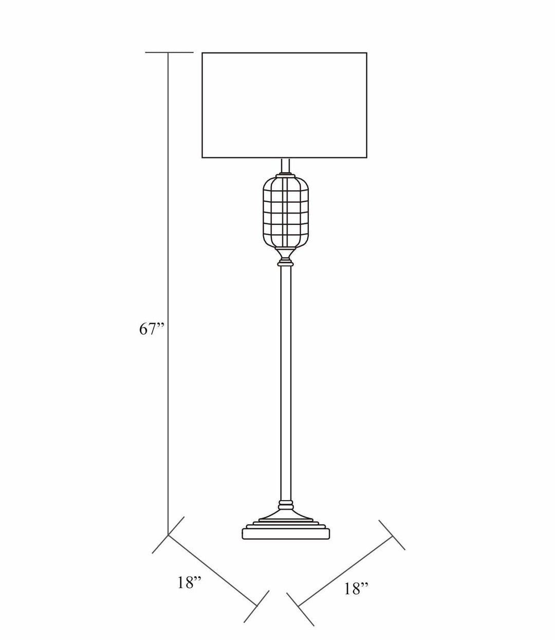 Line drawing of a floor lamp with dimensions on a white background

Binuatan Floor Lamp