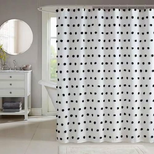72-inch White Polyester Fabric Shower Curtain with Black Pom Pom Polka