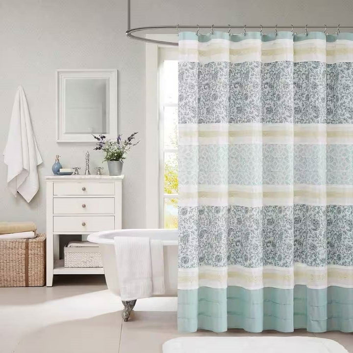 72 x 72-in Cotton Shower Curtain with Teal Blue Grey Cream White