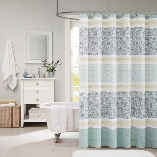 72 x 72-in Cotton Shower Curtain with Teal Blue Grey Cream White